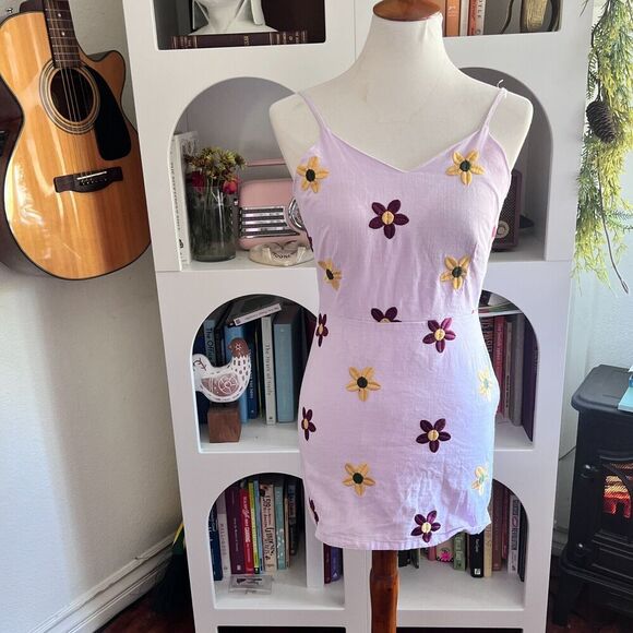 Shein Womens Lavendar Floral Embroidered Mini Dress Sz S Y2K Fairy Spring Retro - Picture 1 of 9